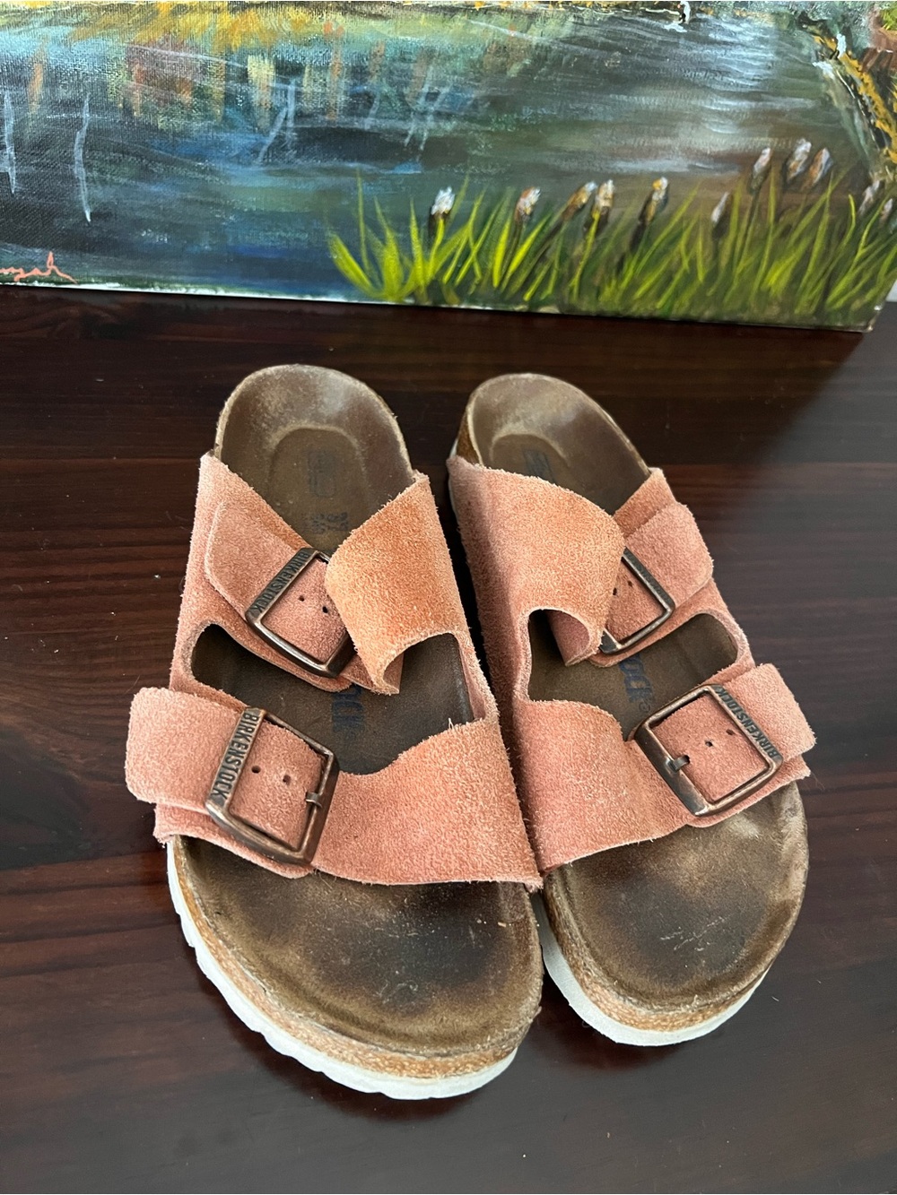 Birkenstock coral suede Double-Buckle Slide Sandals